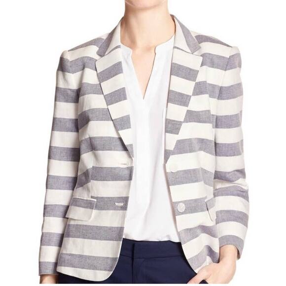 Banana Republic Women's Linen Blend Striped Blue White Nautical Blazer Jacket - Picture 3 of 10